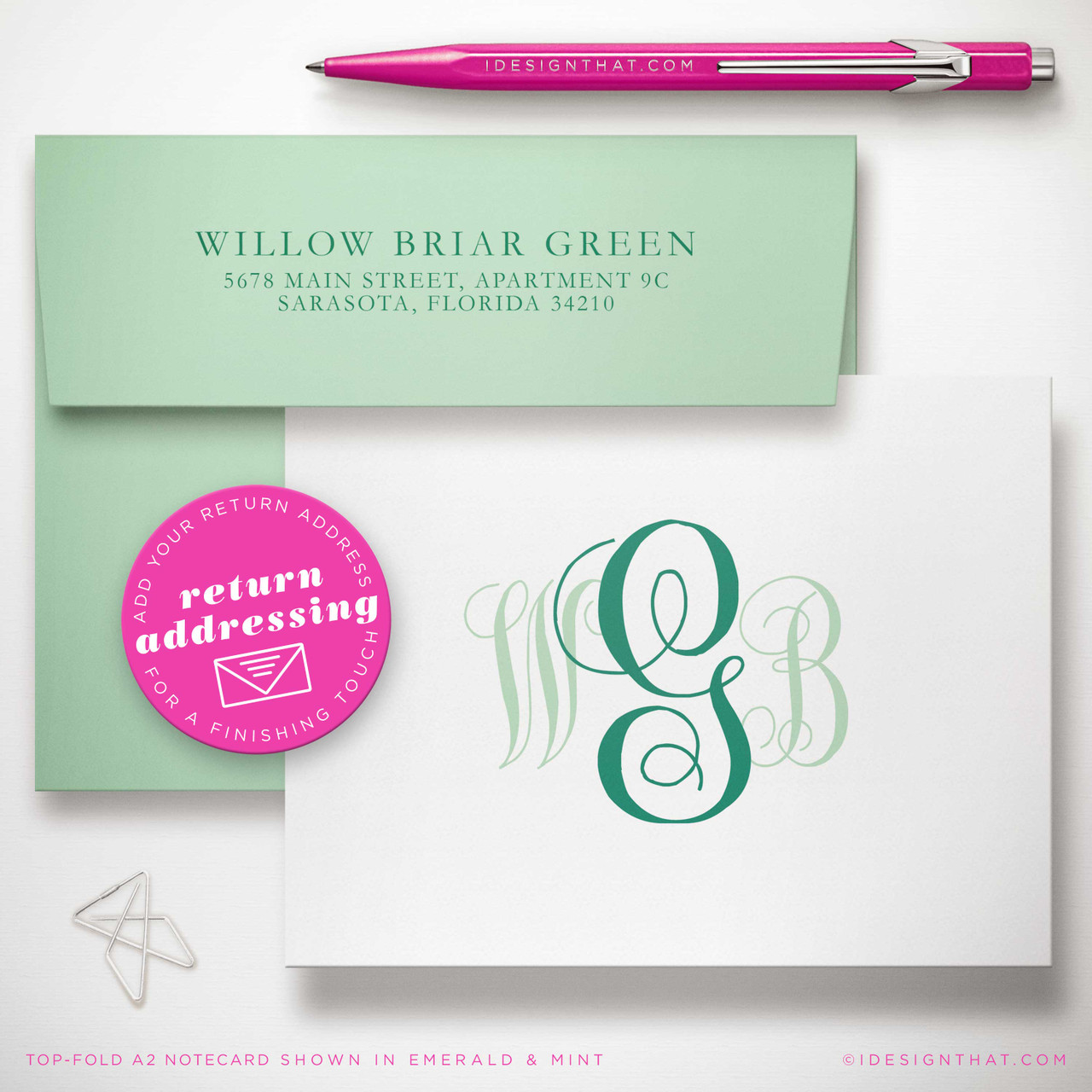 Traditional Script folded notecards with coordinating A2 envelopes and optional return address printing.